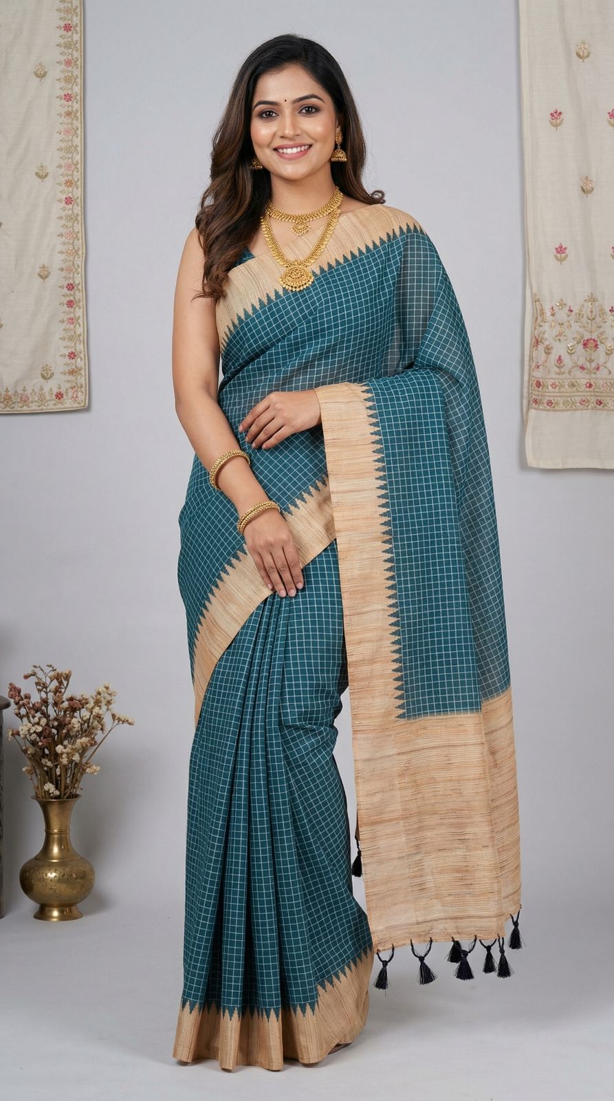Firoji Tussar Silk Saree With Checks Weaving Work | Office & Festive Wear – JaipurSaaj