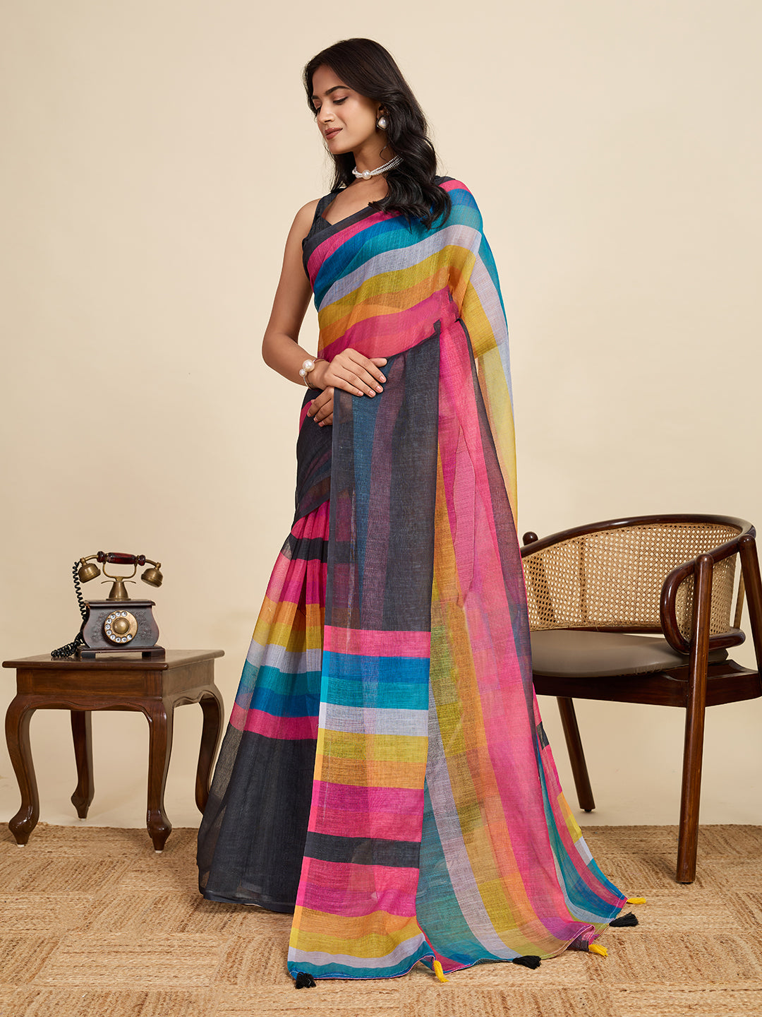 Multi Linen Cotton Saree With Digital Printed Work And Silver Zari Border