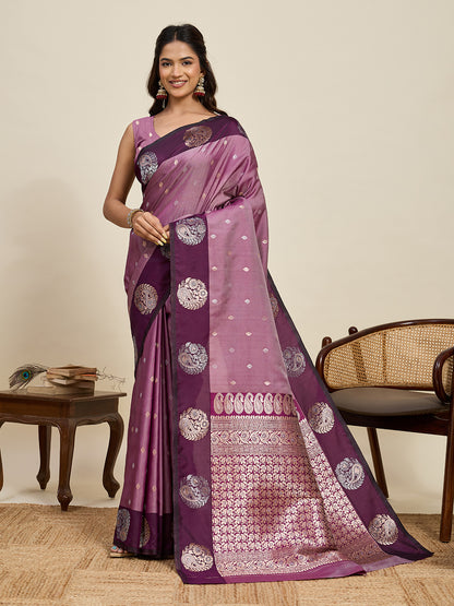 Dusty Pink Soft Silk Saree With Silver Banarasi Zari Weaving Work | Festive Wear – JaipurSaaj