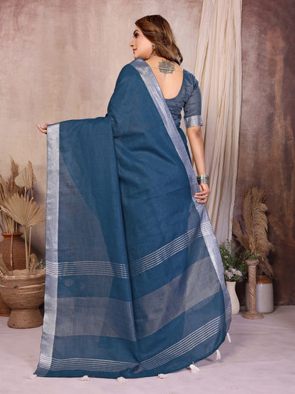 Firoji Linen Cotton Saree With Silver Zari Border