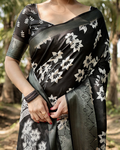 Black Tussar Silk Saree with Floral Woven Motifs & Zari Border | Traditional Festive Wear – JaipurSaaj
