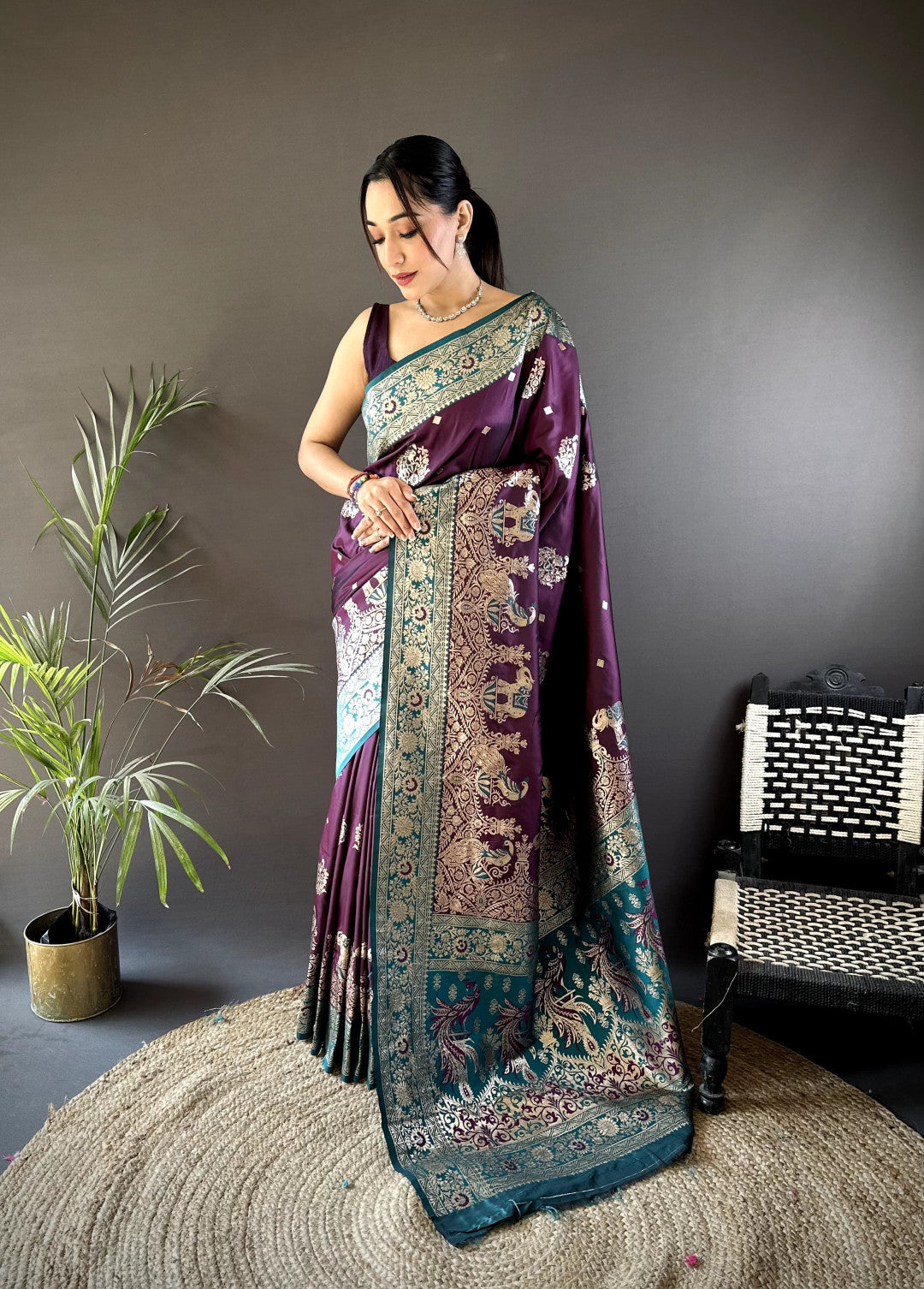 Wine Banarasi Silk Saree With Meenakari Zari Weaving Work | Bridal Wedding Wear – JaipurSaaj