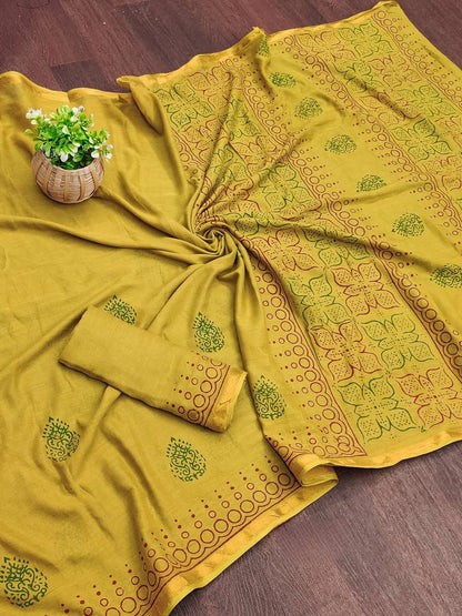 Mustard Yellow Muslin Cotton Silk Saree With Hand Block Print & Zari Border | Ethnic Wear – JaipurSaaj