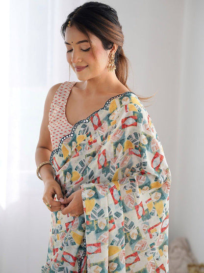 White Georgette Saree With Printed And Mirror Work With Arco Border