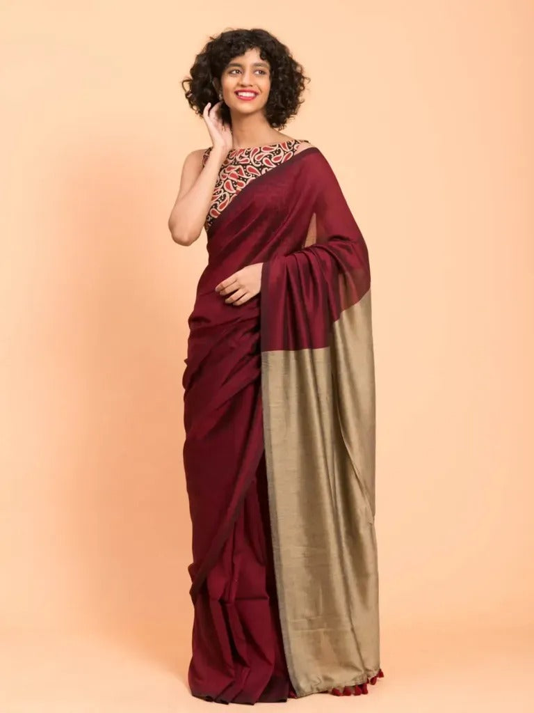 Maroon Color Plain Khadi Cotton Saree With Fancy Tassel Work