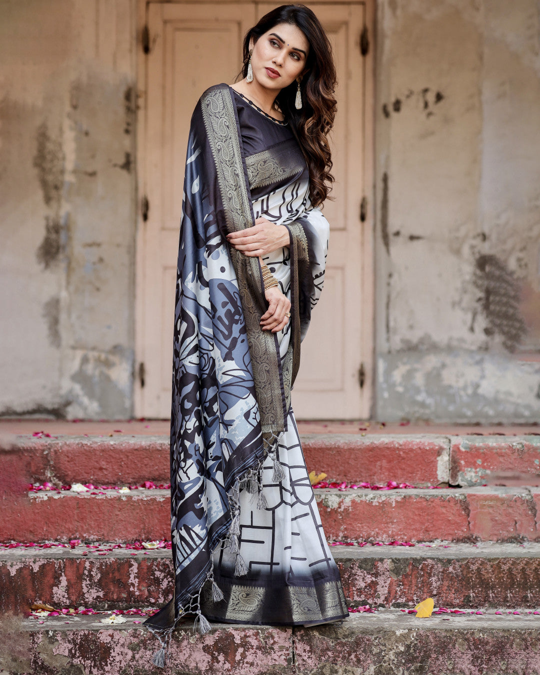 Multi Color Digital Printed Tussar Silk Saree With Zari Motif Border | Designer Festive Ethnic Wear – JaipurSaaj