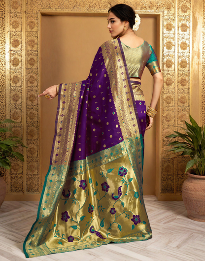 Traditional Wine Paithani Silk Saree With Zari Weaving Work