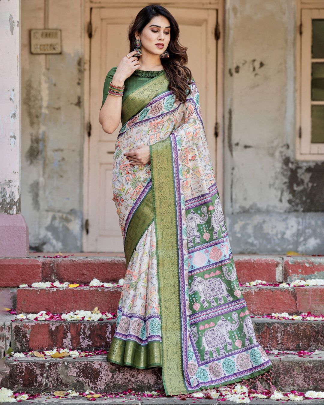 Multi Kalamakari Floral Printed Tussar Silk Saree With Zari Motif Border | Festive Ethnic Wear – JaipurSaaj