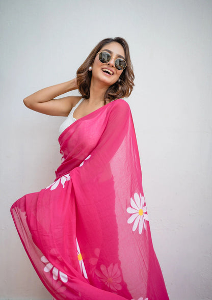 Pink Khadi Cotton Saree with Floral Printed Work | Summer Casual Ethnic Wear – JaipurSaaj