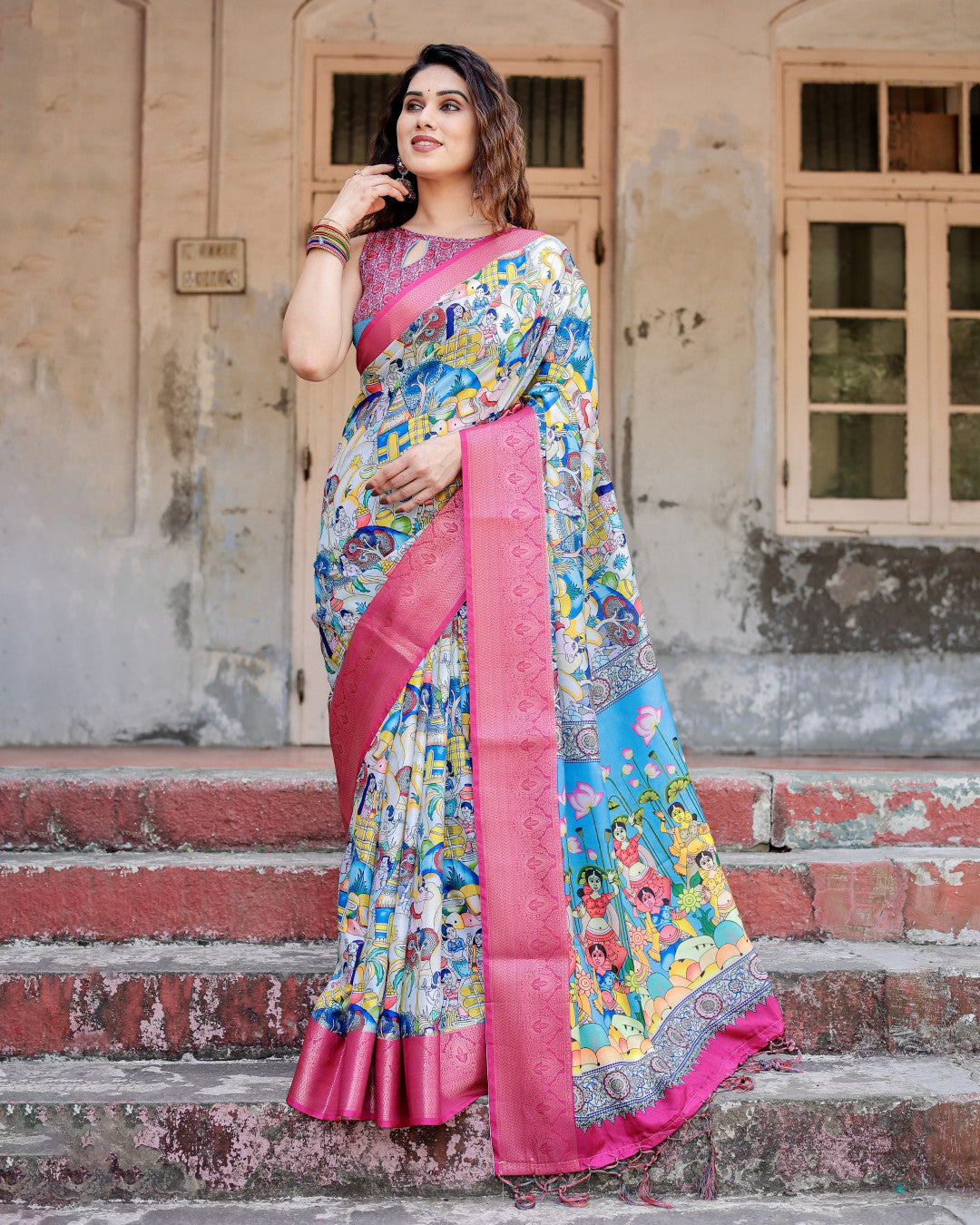 Multi Color Kalamkari Digital Printed Tussar Silk Saree | Designer Festive Ethnic Wear – JaipurSaaj