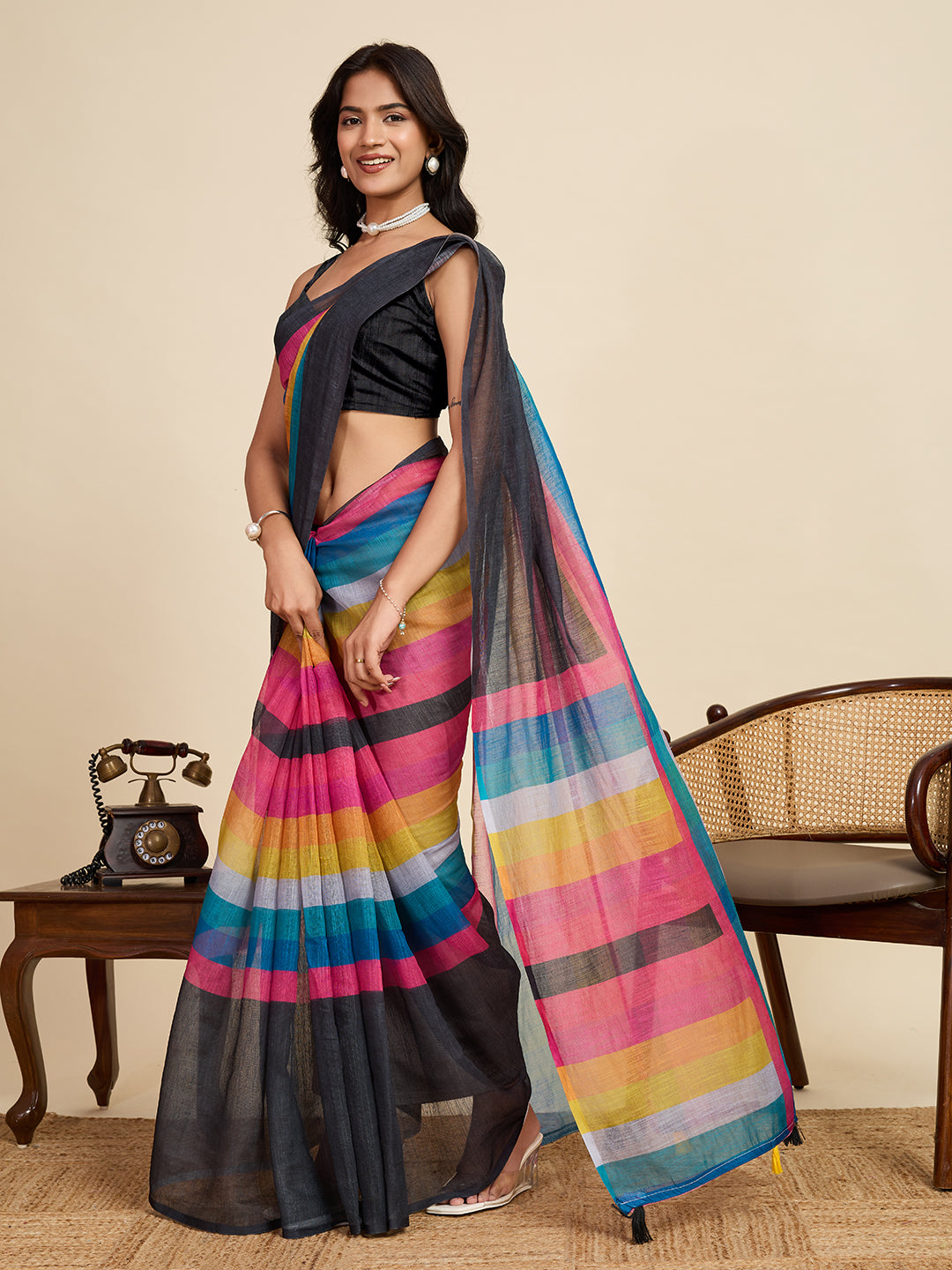 Multi Linen Cotton Saree With Digital Printed Work And Silver Zari Border