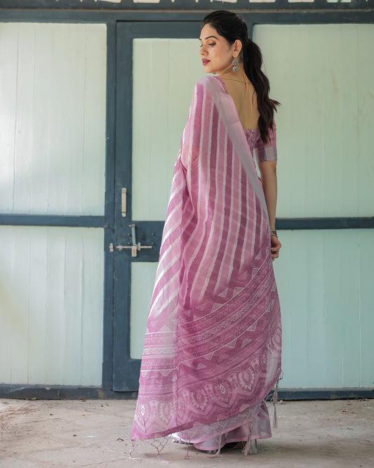 Lavender Soft Linen Cotton Saree With Digital Printed Work