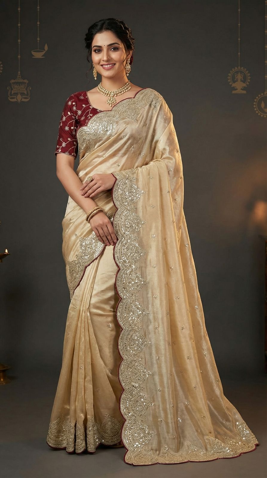 Beige Jimmy Choo Satin Silk Saree With Sequence Work | Reception & Party Wear – JaipurSaaj