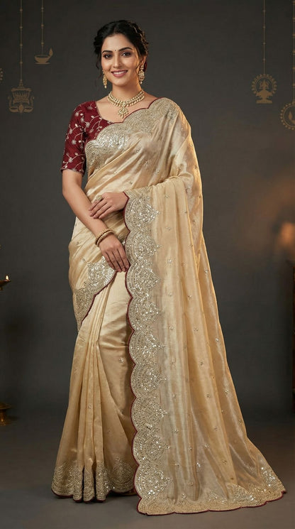 Beige Jimmy Choo Satin Silk Saree With Sequence Work | Reception & Party Wear – JaipurSaaj
