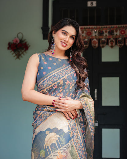 Blue Soft Linen Cotton Saree with Kalamkari Printed Work | Summer Casual & Ethnic Wear – JaipurSaaj