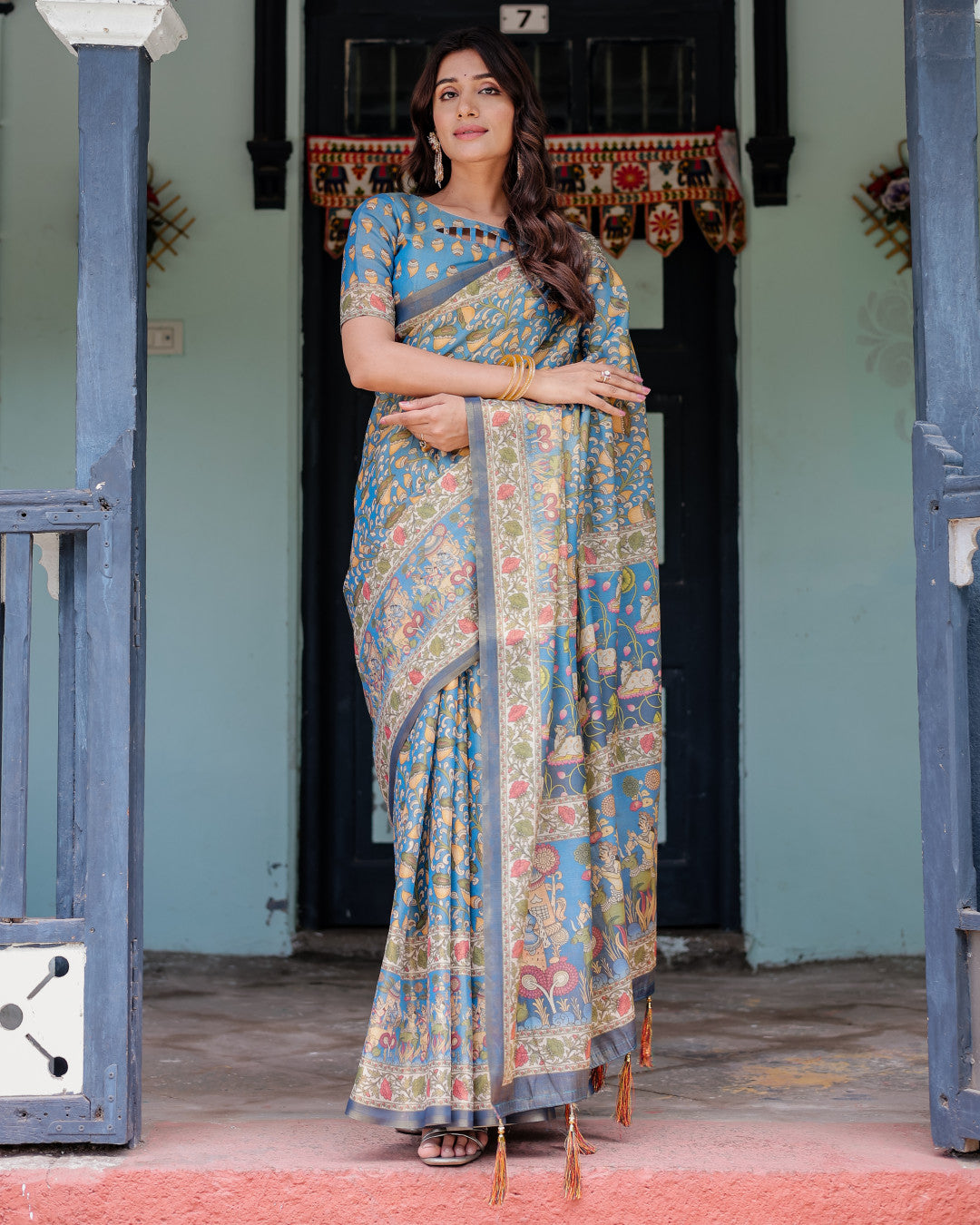 Multi Color Kalamkari Digital Printed Linen Cotton Saree | Summer Casual & Ethnic Wear – JaipurSaaj